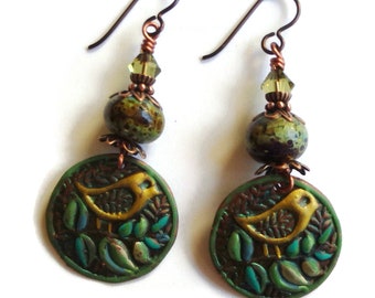 Embossed Copper Charm Earrings/ Birds on a Branch Earrings/ Nature Inspired/ E2592