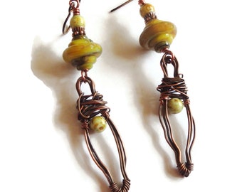 Copper Wire Wrapped Earrings/ Copper and Lampwork Earrings/ E2571