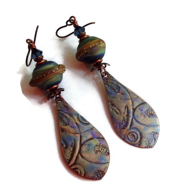 Embossed Copper Charm Earrings/ Boho Copper Earrings/ E2605