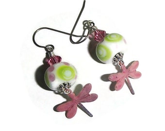 Enamel Dragonfly Earrings/ Dragonflies/ Pink Dragonflies/ Lampwork and Dragonflies/ Whimsical Earrings/ E706 Gifts for Mom/gift