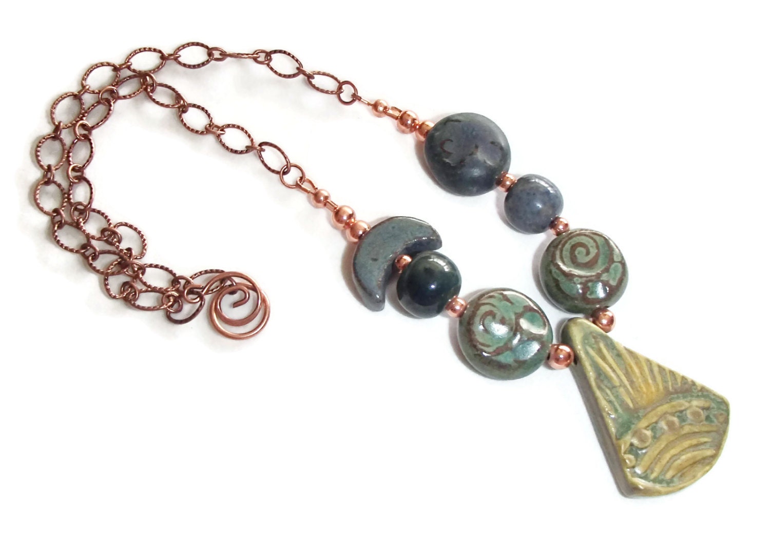 Ceramic and Copper Necklace. Blue and Green. Spring C15/gift - Etsy