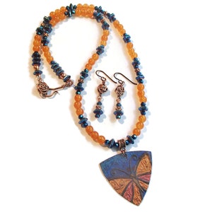 Butterfly Pendant and Earring Set/ Copper Pendant Butterfly/  Beaded Necklace and Earring Set with Butterfly/ S178