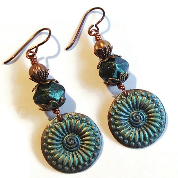 Stained Copper Boho Earrings/ Copper and Czech Glass Earrings/ Teal/ M  Scott Charm Earrings/ Boho Chic/ E2086