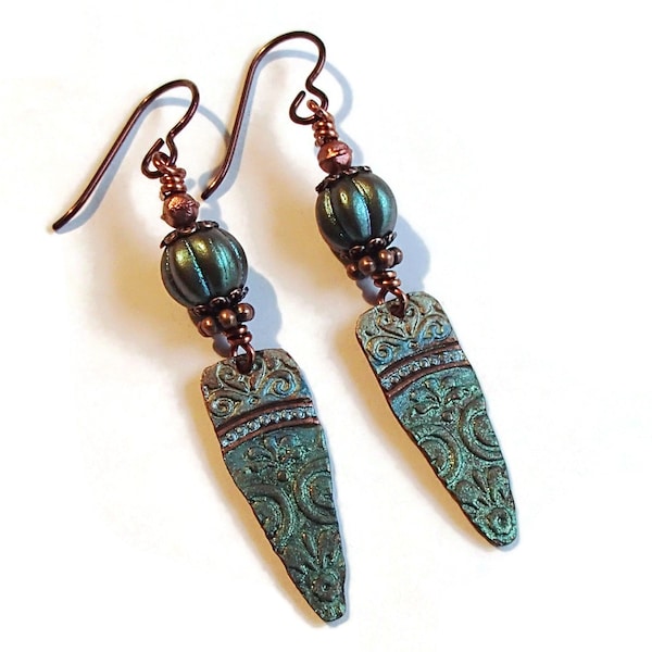 Stained Copper Boho Earrings/ Copper and Czech Glass Earrings/ Teal/ M  Scott Charm Earrings/ Boho Chic/ E2084