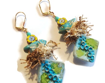 Birds in Nests Earrings/ Polymer Clay Charms and Birds Earrings/ Lightweight Polymer Charms Earrings/ E2346