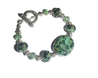 Lampwork Bead Bracelet Lampwork Handmade Crystals Green Lampwork Metallic Splash B5 Gifts for Mom/gift