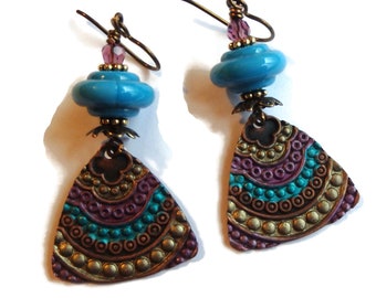 Embossed Copper Earrings/ Copper and Lampwork Earrings/  E2566