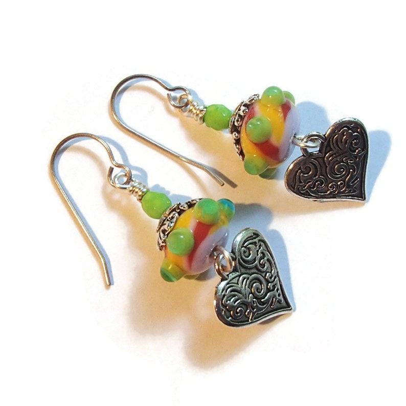 Lampwork and Heart Earrings Colorful Lampwork Earrings Silver Heart Earrings E714 Gifts for Mom