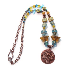 Embossed Copper Pendant with Czech Glass Necklace/ Peace Dove Pendant/ N301