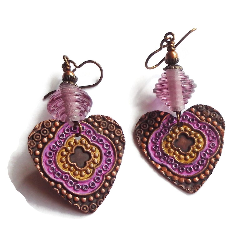 Embossed Copper Heart Earrings/ E2564 image 1