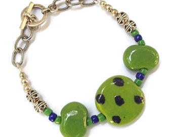 Kazuri Bracelet Free Trade Beads Green with Polka Dot Kazuri Beads Green and Blue Simple Kazuri Bracelet B120 Gifts for Mom/gift
