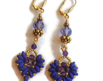 Beaded Heart Shaped Earrings/ Purple Beaded Earrings/ E2567