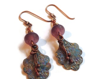 Embossed Copper Earrings/  Boho Copper Earrings/ E2371