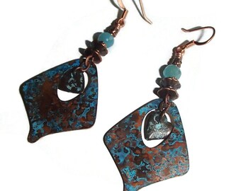 Copper Charm Earrings/ Boho Patina Copper Earrings/ Heart Charms/ E640 Gifts for Mom/gift