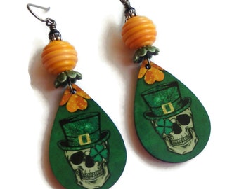 Sublimated Images on Wood Earrings/ St. Patrick's Day Earrings/ Irish Skull Earrings/ E2554
