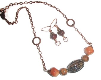 Kazuri Bead Necklace and Earring Set Copper Autumn Colors Fall Jewelry Handmade Ethnic S54 Gifts for Mom/gift