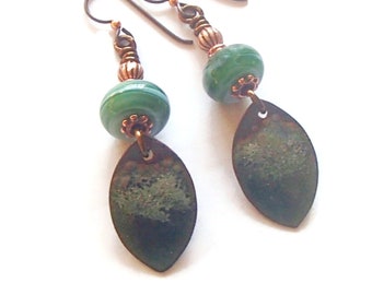 Enamel on Copper Earrings/ Green Enamel Earrings/ Enamel and Lampwork Earrings/ Boho/ OOAK/ E839 Gifts for Mom/gift