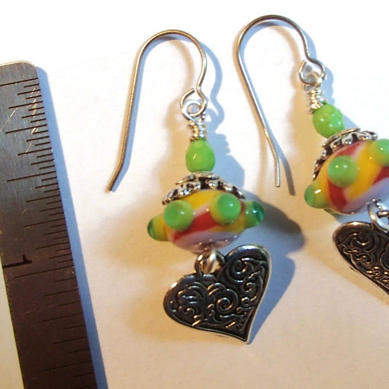 Lampwork and Heart Earrings Colorful Lampwork Earrings Silver Heart Earrings E714 Gifts for Mom