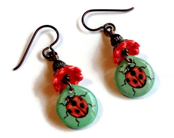 Ladybug Earrings/ Short Dangle Earrings/ Lightweight Resin Earrings/  E2503