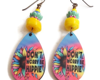 Hippie Earrings/ Sublimated Images on Wood Earrings/ Peace/ E2376