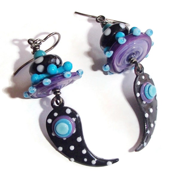 Enamel and Lampwork Earrings/ Whimsical Polka Dot Earrings/ Black and White/ Colorful and Fun Earrings/ Bea Stoertz Charms/ E2080