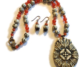 Statement Necklace and Earring Set/ Clay Pendant/ Gemstone and Clay Set/ S201