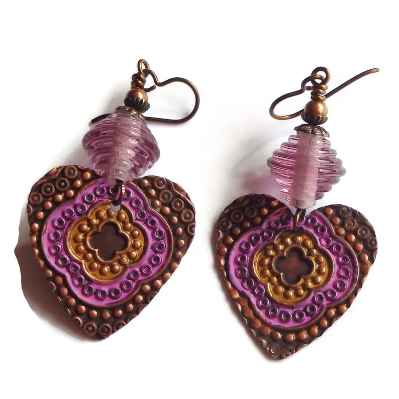 Embossed Copper Heart Earrings/ E2564 image 2