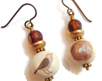 Birds and Nests Earrings/ Natalie McKenna Charms/ Ceramic Earrings/ E2378