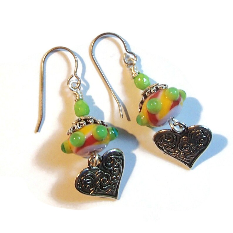 Lampwork and Heart Earrings Colorful Lampwork Earrings Silver Heart Earrings E714 Gifts for Mom