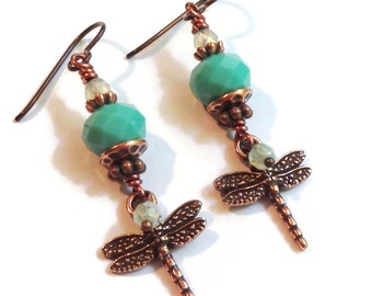 Dainty Dragonfly Earrings/ Copper Dragonfly and Czech Glass Earrings/ E2397