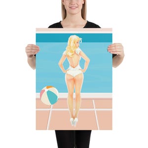 Sexy woman pool wall art colorful summer decor blonde pinup girl poster woman in bathing suit artistic wall art modern retro wall art 18×24