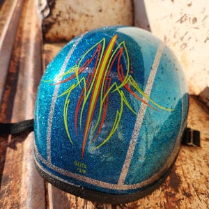Hand Painted Motorbike Helmet with Pinstriping, Garage Art, Repurposed Helmet, One of a Kind Artwork, Man Cave Decor Gift, Tattoo Shop Art