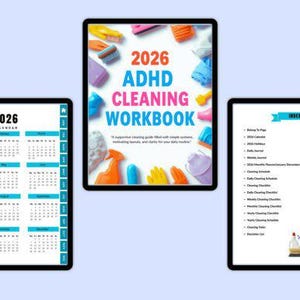 Könnte beinhalten: Drei digitale Tablets, die einen Kalender für 2026, ein Reinigungs-Workbook-Cover und ein Inhaltsverzeichnis anzeigen. Das Cover des Workbooks trägt den Titel "2026 ADHD Cleaning Workbook" mit Reinigungsutensilien an den Rändern. Das Inhaltsverzeichnis listet Reinigungsthemen auf.