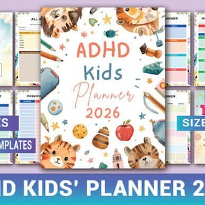 Puede incluir: Planificador para niños con TDAH 2026, con un diseño colorido con ilustraciones de tigres de dibujos animados, manzanas y estrellas. Incluye 84 páginas de plantillas editables, de 21,6 x 27,9 cm. Diseñado para la gestión del tiempo y la fijación de objetivos.