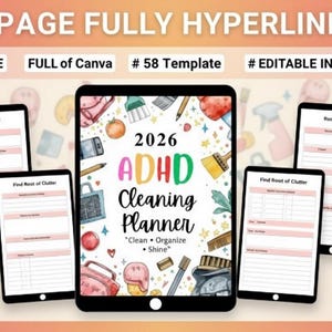 Może przedstawiać: Cyfrowy planer sprzątania ADHD na rok 2026, wyświetlany na wielu tabletach. Centralny tablet zawiera tytuł "ADHD Cleaning Planner" z tekstem "Clean, Organize, Shine." Inne tablety pokazują harmonogramy tygodniowe i pokojowe. Obraz zawiera tekst "58-PAGE FULLY HYPERLINKED."