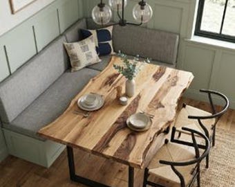 Walnut Live Edge Table, Custom Solid Wood Kitchen Table, Rustic Farmhouse Furniture, Natural Wood Desk with Metal Legs, Modern Dining Room