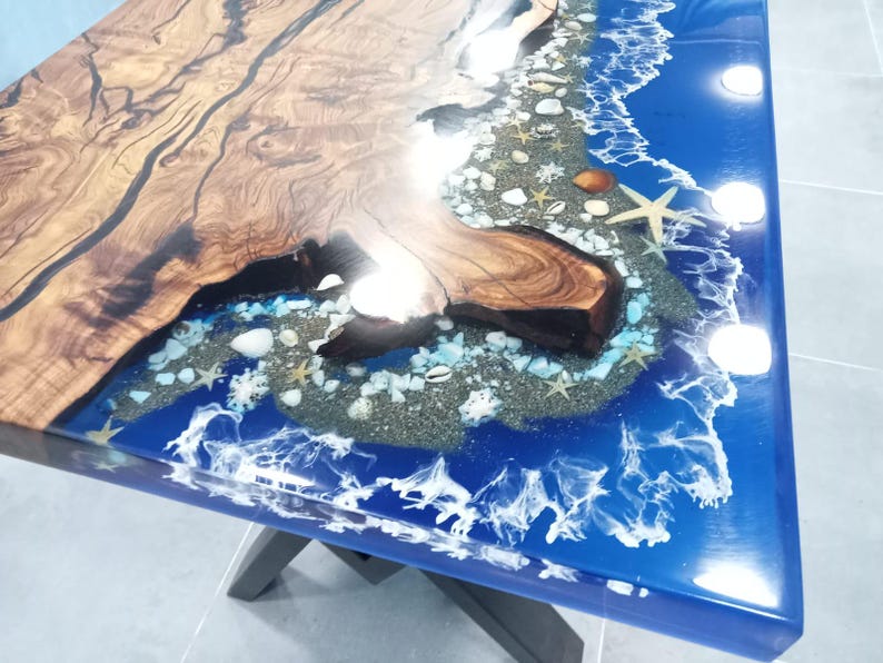 Handmade Olive Wood Ocean Epoxy Coffee Table With Blue Resin Waves and ...