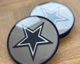 May include: Two circular coasters featuring a navy blue star design on a grey background. The coasters have a navy blue border and a clear, glossy top layer. One coaster is in focus, with another stacked behind it.