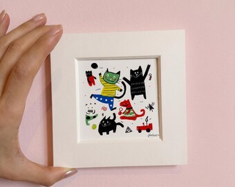 Stampa artistica Giclée "Festa dei gatti" - Decorazione murale stravagante, regalo per gli amanti dei gatti