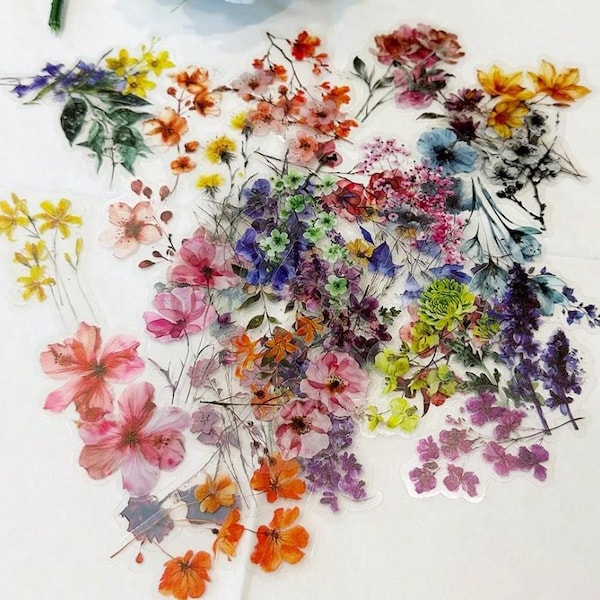 Wildflower Transparent Flower Stickers Pack, Waterproof PVC Matte Watercolor Botanical Decals for Journals, Planners, Laptops, Scrapbooks
