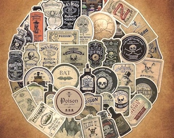 Gothic Apothecary Poison & Potion Stickers Pack, Waterproof PVC Matte Vintage Labels for Witchy Crafts, Skull, Journals, Bottles, Scrapbooks