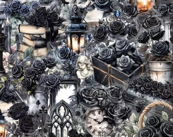 Gothic Black Rose Sticker Pack – Dark Academia Vintage Floral Vinyl Decals for Laptop, Journal & Water Bottle