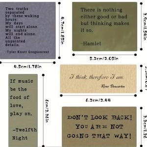 May include: A selection of rectangular cards featuring quotes. The cards are in shades of grey, olive green, and beige. Quotes include "Two truths separated", "There is nothing either good or bad", and "If music be the food of love". The cards measure up to 6cm in height.
