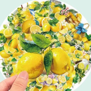 May include: A circular design featuring a vibrant arrangement of yellow lemons, green leaves, and white blossoms. The lemons are whole and sliced, creating a fresh, summery aesthetic. A hand is holding one of the lemons.