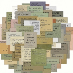 May include: A selection of vintage quote cards in shades of beige, green, and grey. Each card displays quotes from well-known authors and poets. The cards are arranged in a circular pattern, creating an attractive display.