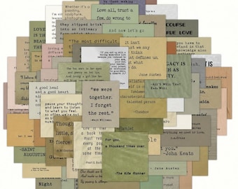 May include: A collection of vintage-style quote cards in various colors, including beige, green, and gray. Each card features quotes from famous authors and poets. The cards are arranged in a circular pattern, creating a visually appealing display.