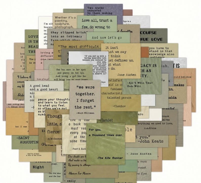 May include: A selection of vintage quote cards in shades of beige, green, and grey. Each card displays quotes from well-known authors and poets. The cards are arranged in a circular pattern, creating an attractive display.