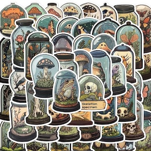 May include: A collection of stickers featuring various terrariums with botanical and entomological themes. Each sticker showcases a different scene, including mushrooms, butterflies, frogs, and a skull, all within glass jars.