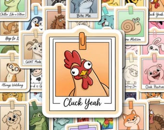 Polaroid Animal Sticker Pack – Funny Pun Cartoon Vinyl Stickers with Cute Chicken, Frog, Pig and Farm Animals for Journals and Laptops
