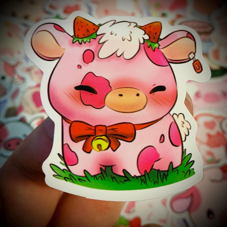 Kawaii Strawberry Cow Stickers Cute Pink Cow Sticker Pack Pastel Animal ...